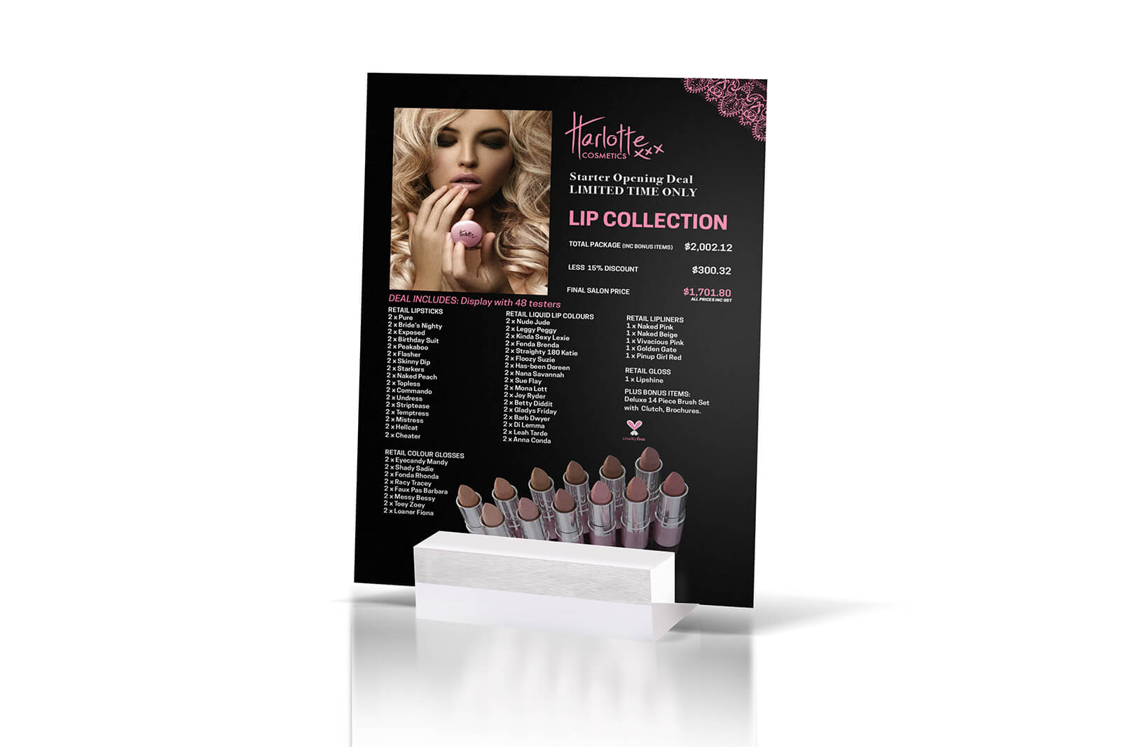 print, printing, advertisement, ad design, price list design, logo maker, graphics design, graphic freelance designer metrodesign bexley kogarah sydney, beauty industry, harlotte cosmetics, heavy text layout, branding, pamphlet, brochure, flyers, logo designers