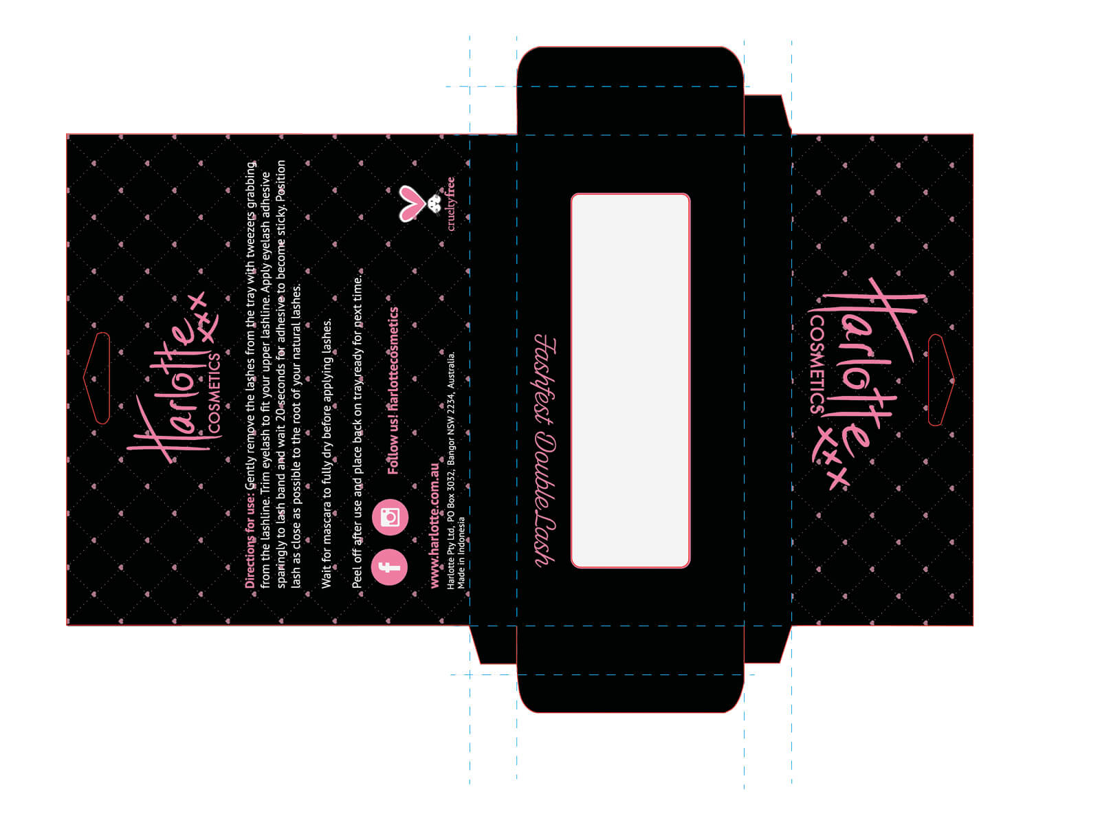 packaging design, dieline, custom product packaging, box design, branding, professional graphic design for cosmetic makeup company harlotte cosmetics, best packaging designer