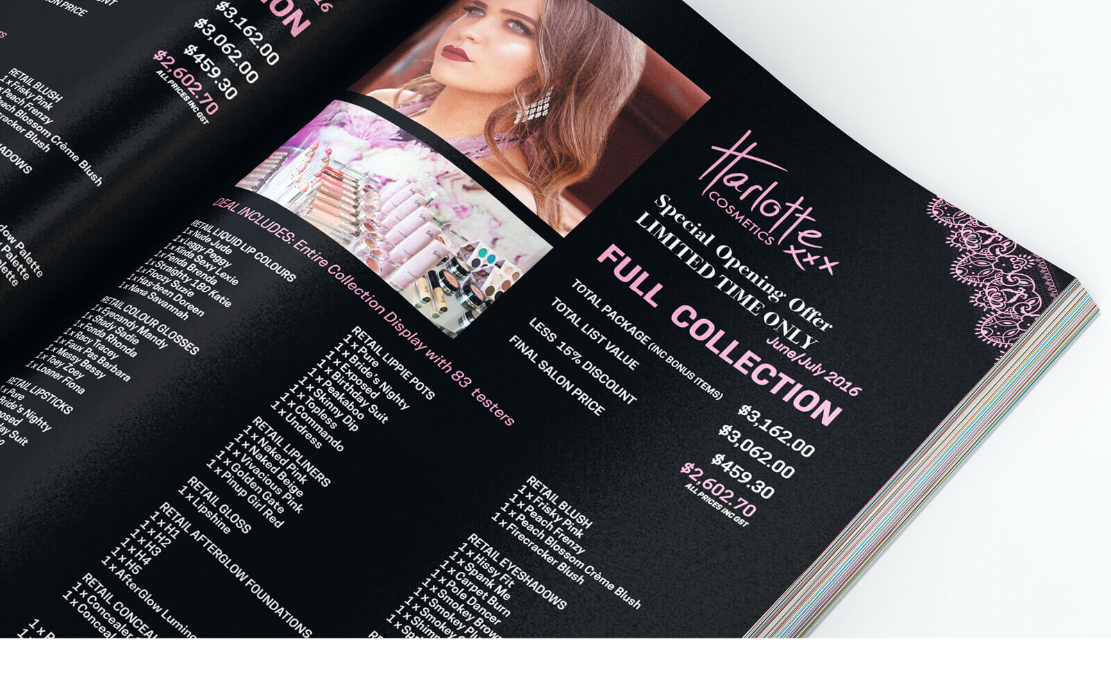 print, printing, advertisement, ad design, price list design, logo maker, graphics design, graphic freelance designer metrodesign bexley kogarah sydney, beauty industry, harlotte cosmetics, heavy text layout, branding, pamphlet, brochure, flyers, logo designers