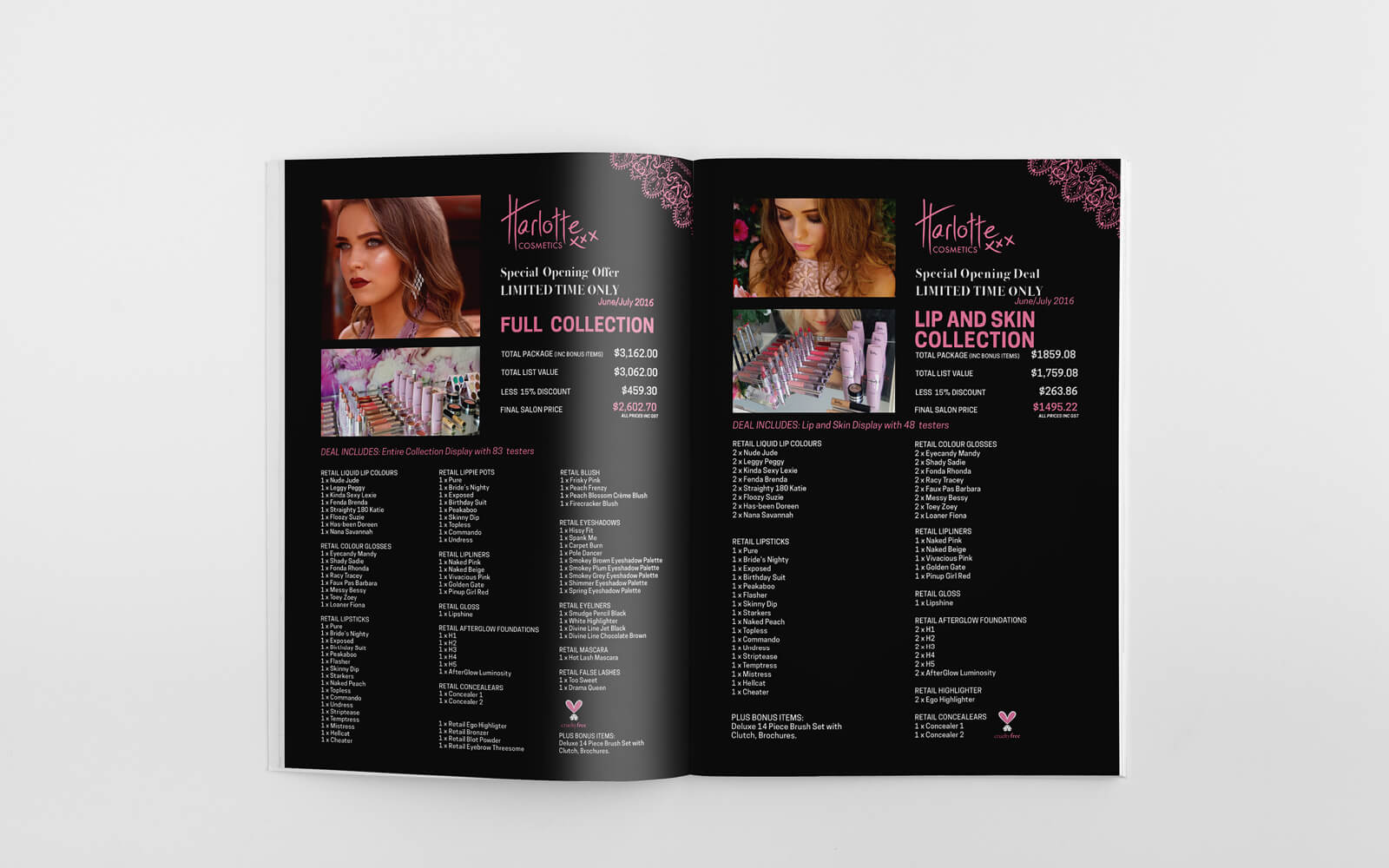 print, printing, advertisement, ad design, price list design, logo maker, graphics design, graphic freelance designer metrodesign bexley kogarah sydney, beauty industry, harlotte cosmetics, heavy text layout, branding, pamphlet, brochure, flyers, logo designers