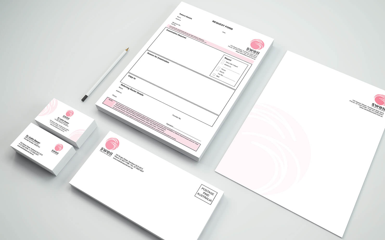 business cards, stationery graphic design service for clinic by freelance designer metrodesign bexley kogarah sydney